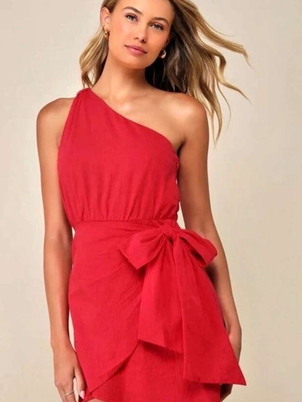 Lulus Forever Summer Red One-Shoulder Faux Wrap Mini Dress XS